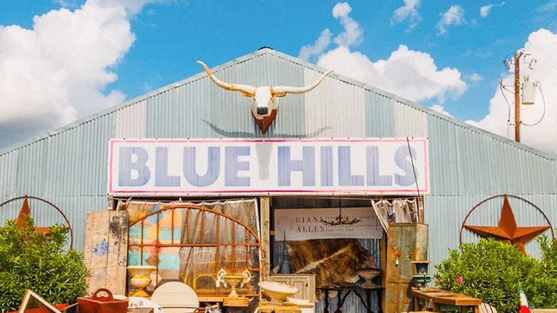 Exterior of Blue Hills antique venue in Round Top, Texas, with a longhorn skull mounted above the entrance sign