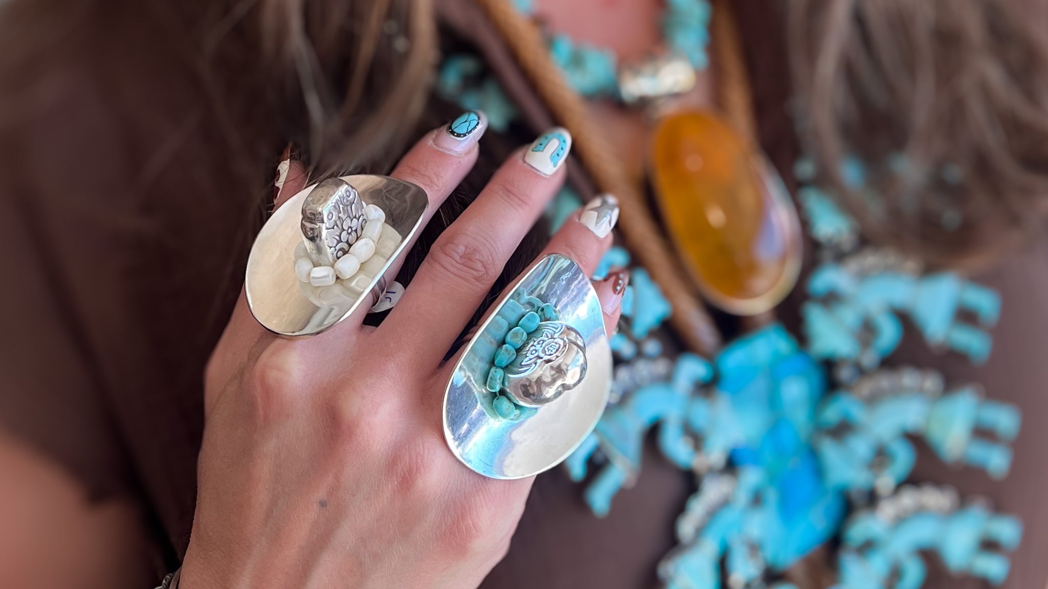 Cowboy hat spoon ring handmade from antique silverware with turquoise hat band by Jeff Allmon at Round Top Zapp Hall